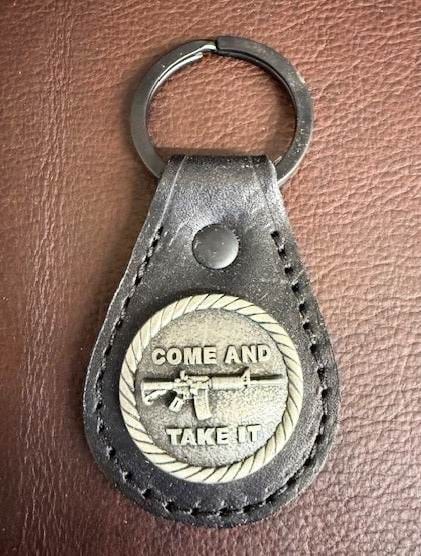 *In Stock* Leather Key Fob Black w/Antique Silver Come & Take It Concho