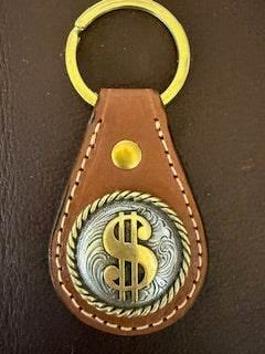 *In Stock* Leather Key Fob Saddle Oil Finish w/Antique Brass & Silver Rope Edge Dollar Sign Concho