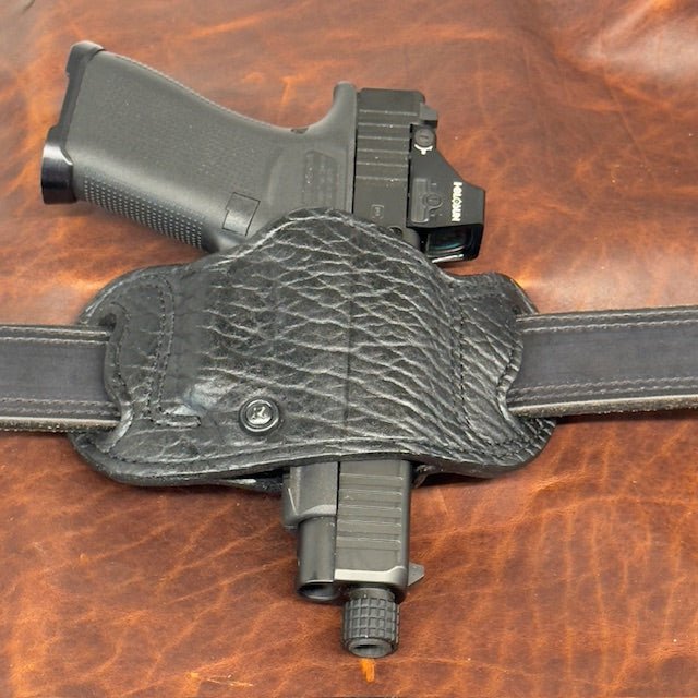 *In Stock* RH Belt Slide Holster Genuine American Bison in Black Leather & Stitch for Glock 43/43X/43X MOS/48
