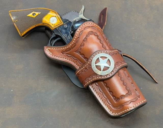 *In Stock* RH Paddle Rancher Cowboy Holster for 4.75 Inch Single Action Saddle Oil Finish w/Natural Stitch & Engraved Texas Star Concho