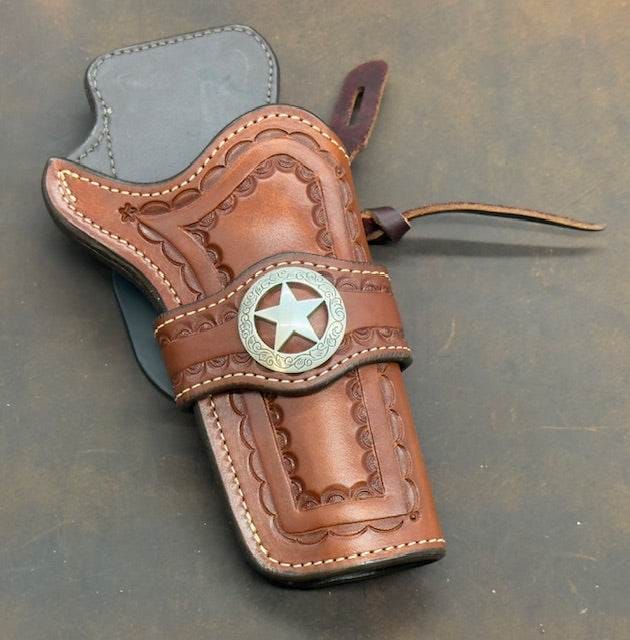 *In Stock* RH Paddle Rancher Cowboy Holster for 4.75 Inch Single Action Saddle Oil Finish w/Natural Stitch & Engraved Texas Star Concho