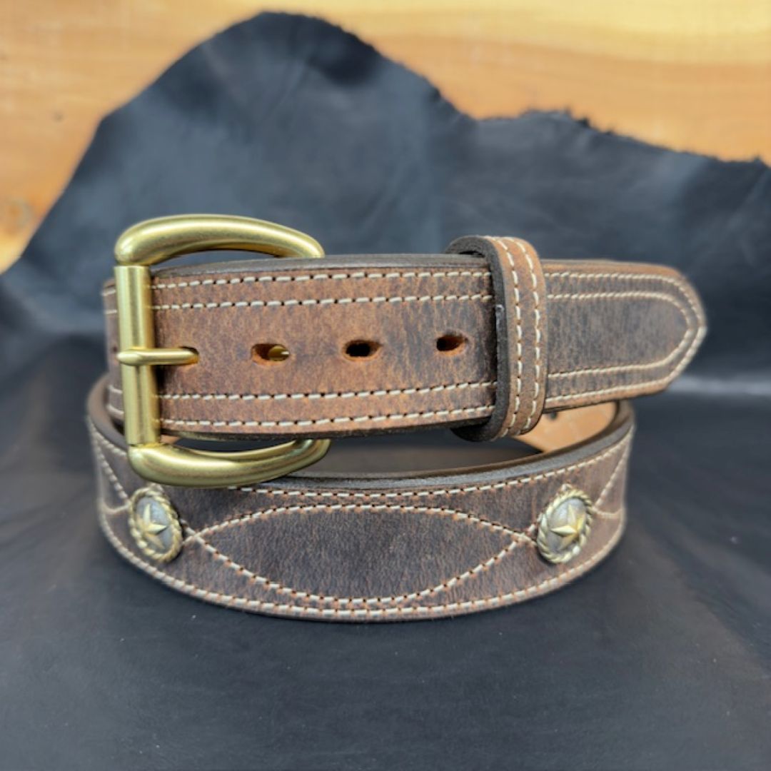 *In Stock* 1.5" Fancy Stitch Water Buffalo Carry Belt – Brass Star Conchos (Size 40)
