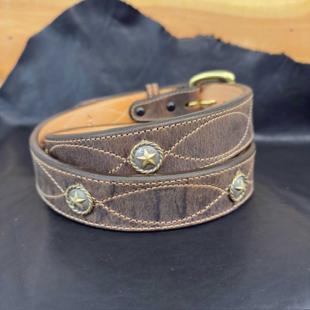 *In Stock* 1.5" Fancy Stitch Water Buffalo Carry Belt – Brass Star Conchos (Size 40)