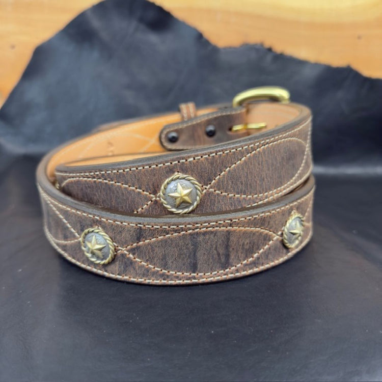 *In Stock* 1.5" Fancy Stitch Water Buffalo Carry Belt – Brass Star Conchos (Size 40)