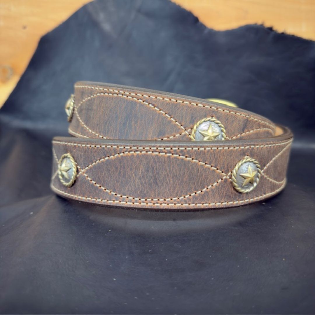 *In Stock* 1.5" Fancy Stitch Water Buffalo Carry Belt – Brass Star Conchos (Size 40)