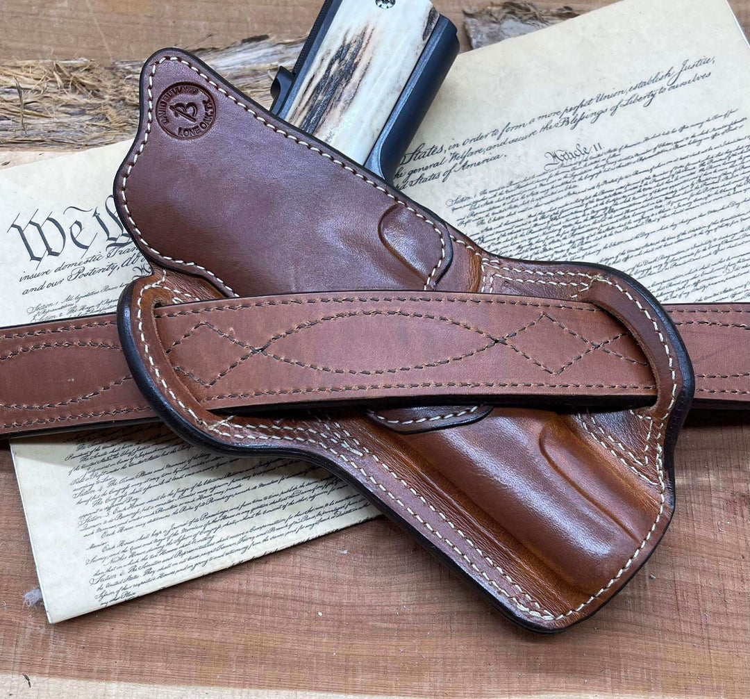 *In Stock* RH Texas Bodyguard Holster 1911 5" Saddle Oil Finish w/Natural Stitching