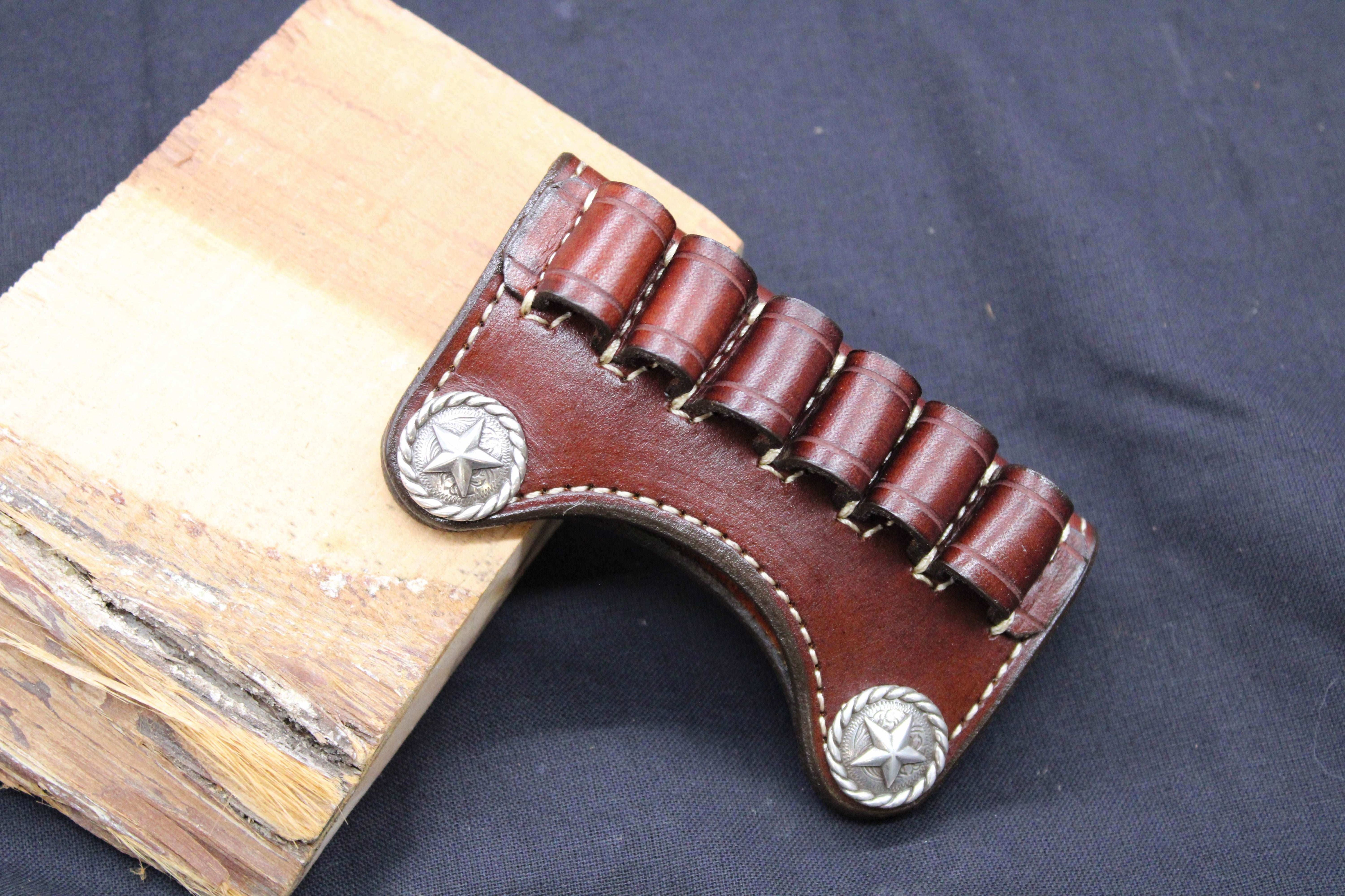 In Stock Premium Leather Ammo Slide 45/.410 Dark Brown w/Brown & 2 Silver Rope Edge Star Concho
