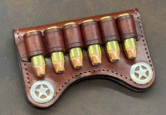 In Stock Premium Leather Ammo Slide 45/.410 Dark Brown w/Brown & 2 Smooth Texas Stars Conchos