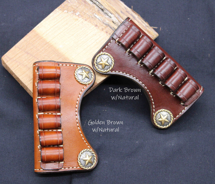 In Stock Premium Leather Ammo Slide 45/.410 Dark Brown or Golden Brown Brass Rope Edge Star Concho