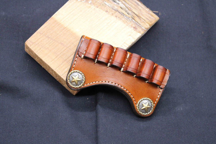 In Stock Premium Leather Ammo Slide 45/.410 Dark Brown or Golden Brown Brass Rope Edge Star Concho