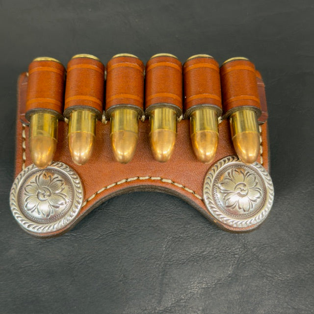 In Stock Premium Leather Ammo Slide 38/357/9mm Silver Rope Edge Flower Conchos