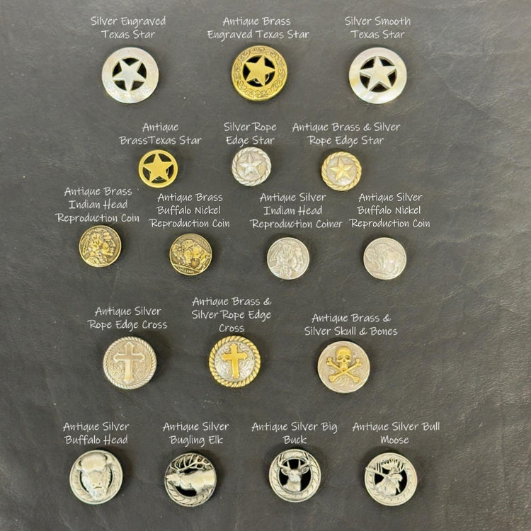 Collection of various coins and medallions on a dark surface with labels.