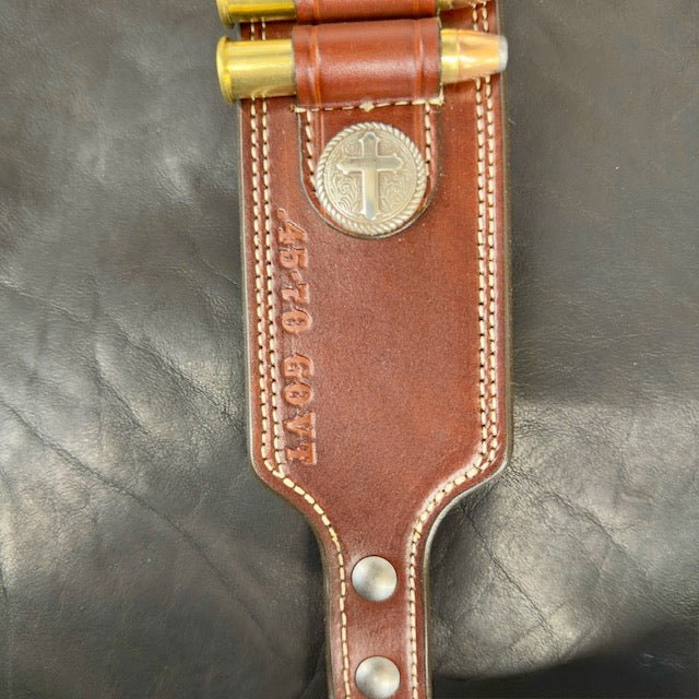 *In Stock* Guide Gun Rifle Sling Marlin 1895 Lever Action Dark Brown w/ Natural 45-70 Govt Silver Rope Edge Cross Conchos