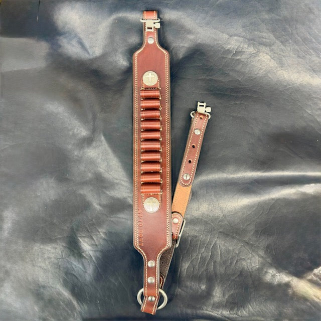 *In Stock* Guide Gun Rifle Sling Marlin 1895 Lever Action Dark Brown w/ Natural 45-70 Govt Silver Rope Edge Cross Conchos
