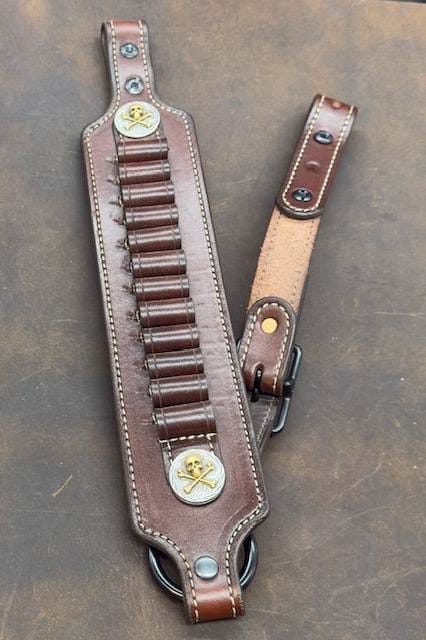 *In Stock* Rifle Sling Henry Axe .410 Dark Brown w/ Brown Stitch Skull & Bones Conchos