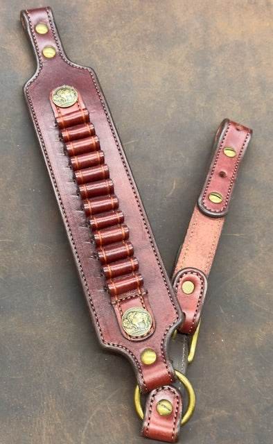 *In Stock* Rifle Sling Henry Axe .410 Mahogany w/Brown & Antique Brass Buffalo Nickel Reproduction Coin Conchos