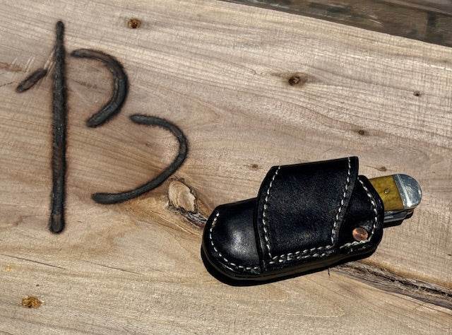 *In Stock* Premium Sideways Knife Sheath for Case 2 Blade Trapper Knife Black w/Natural RH Cross Draw - Busted B Leather