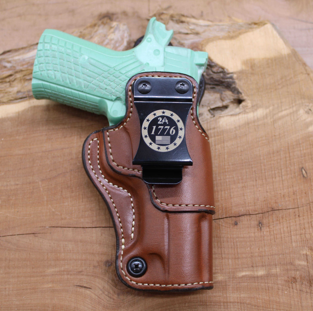 *In Stock* RH IWB for Kimber KDS9 C Saddle Oil Finish w/Metal Belt Clip "Don't Tread on Me" or "2A 1776" (Copy)