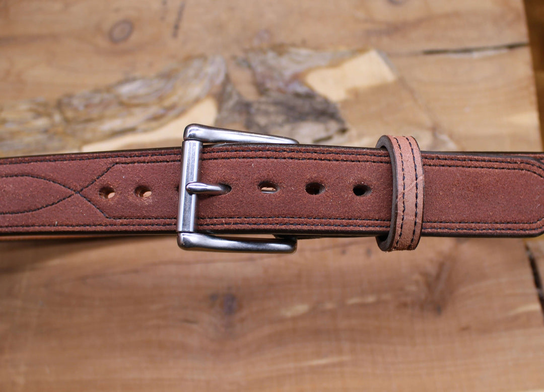 *In Stock* 1.5" Carry Belt .25" Thick Fancy Stitch Rough Out Mahogany w/Brown Stitch Size 40