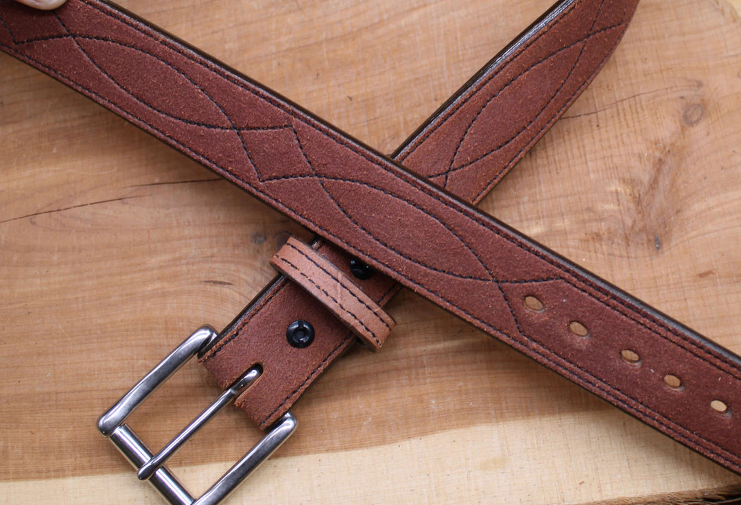 *In Stock* 1.5" Carry Belt .25" Thick Fancy Stitch Rough Out Mahogany w/Brown Stitch Size 40