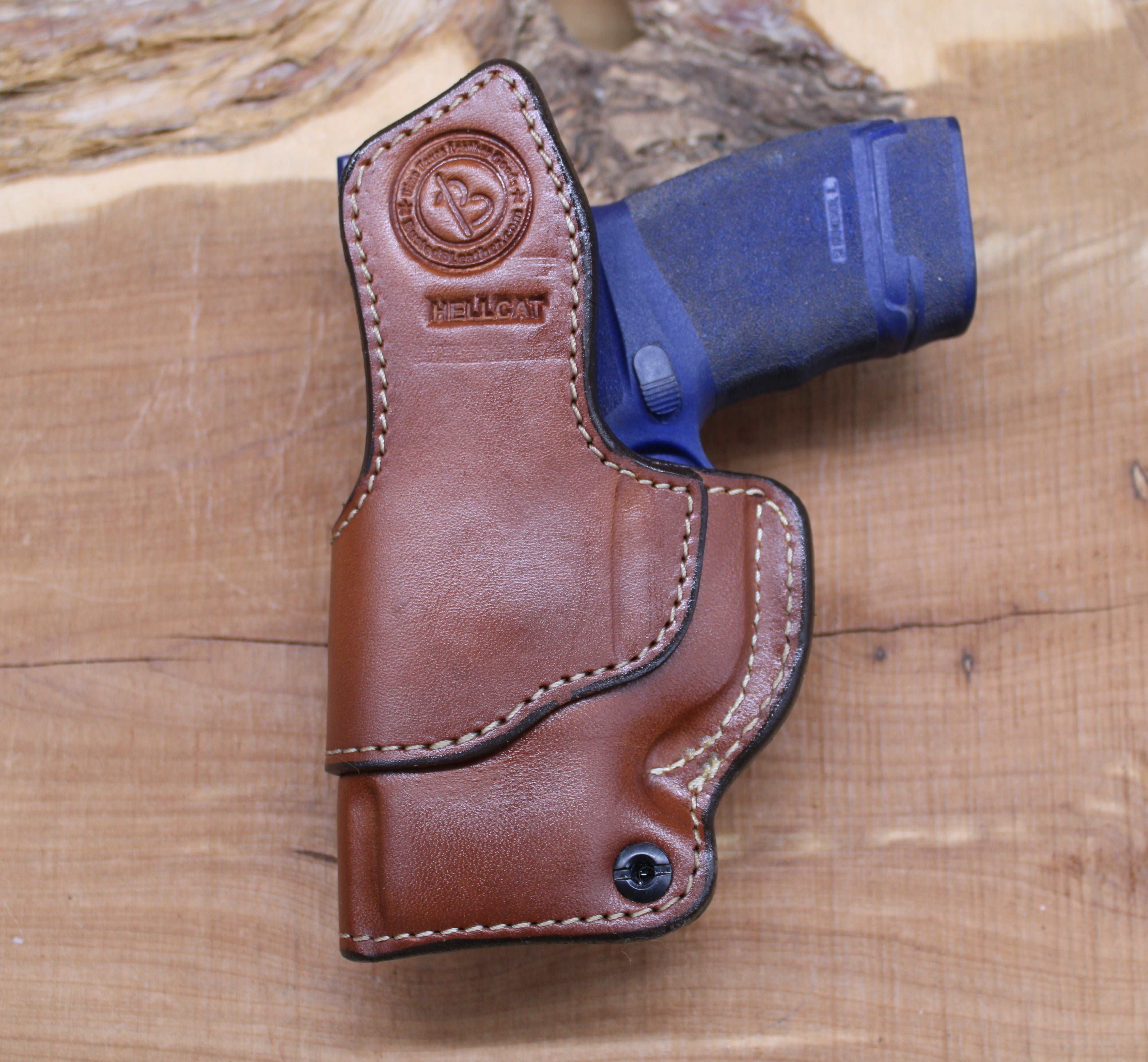 *In Stock* RH IWB for Springfield Hellcat in Saddle Oil Finish w/Metal Belt Clip "Don't Tread on Me" or "2A 1776"