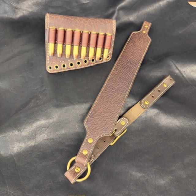 *In Stock* Leather Rifle Sling & RH Butt Cover Bundle – Brown Bison Leather, .45-70 Ammo Loops