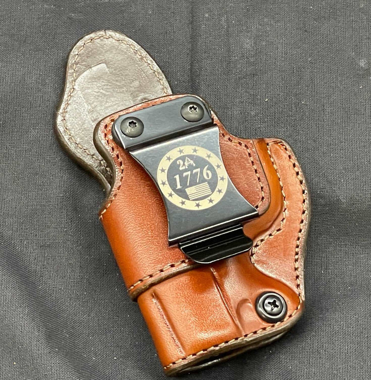 *In Stock* LH Side/RH SOB IWB for Kimber Micro 9 in Golden Brown w/Metal Belt Clip "Don't Tread on Me" or "2A 1776"