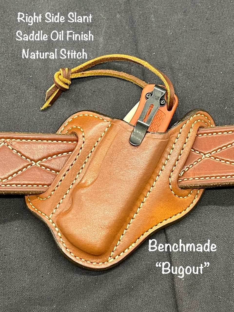 *In Stock* RH Slant Knife Sheath Benchmade Bugout Saddle Oil Finish w/Natural Stitch