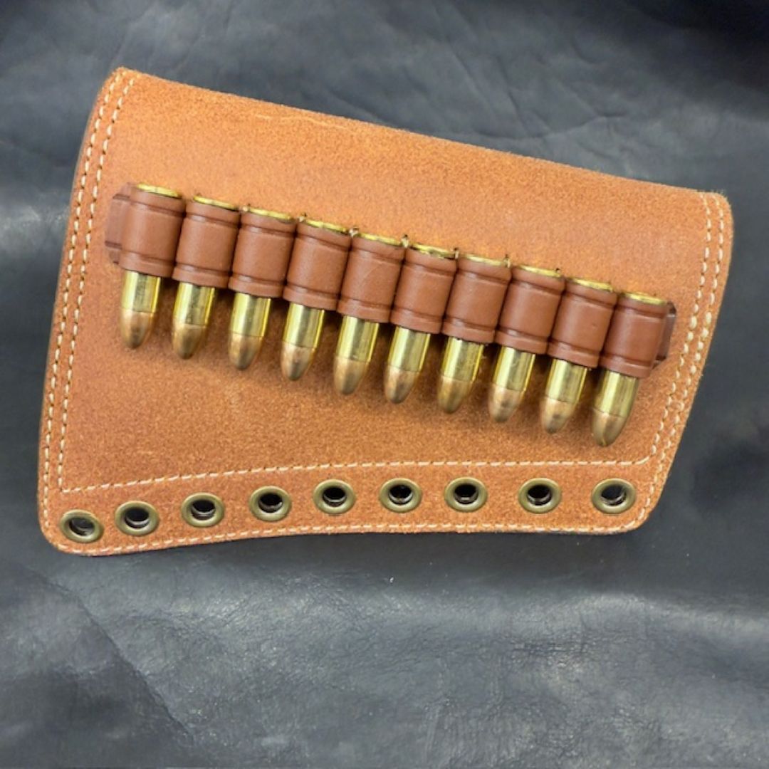 *In Stock* RH Leather Butt-Cover w/Ammo Loops .357 Mag Saddle Oil Finish Rough Out Leather w/Natural (off white) Stitch Antique Brass Hardware Lever-Action Guide Guns Marlin, Henry, Chiappa, Rossi