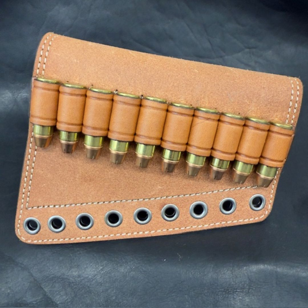 *In Stock* RH Leather Butt-Cover w/Ammo Loops .44 Mag Saddle Oil Finish Rough Out Leather w/Natural (off white) Stitch Antique Nickel Hardware Lever-Action Guide Guns Marlin, Henry, Chiappa, Rossi