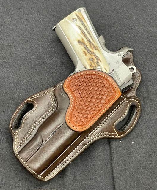 *In Stock* RH Texas Bodyguard Chocolate w/Natural Stitch, Saddle Oil Finish Basket Weave Reinforcement Trim for 1911 5"
