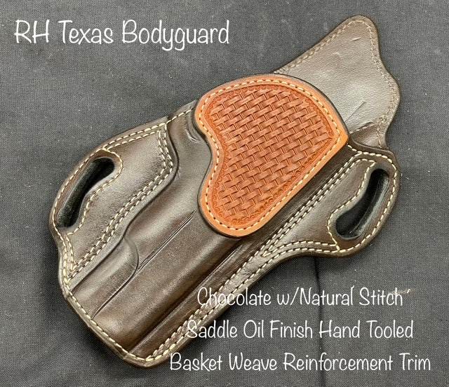 *In Stock* RH Texas Bodyguard Chocolate w/Natural Stitch, Saddle Oil Finish Basket Weave Reinforcement Trim for 1911 5"