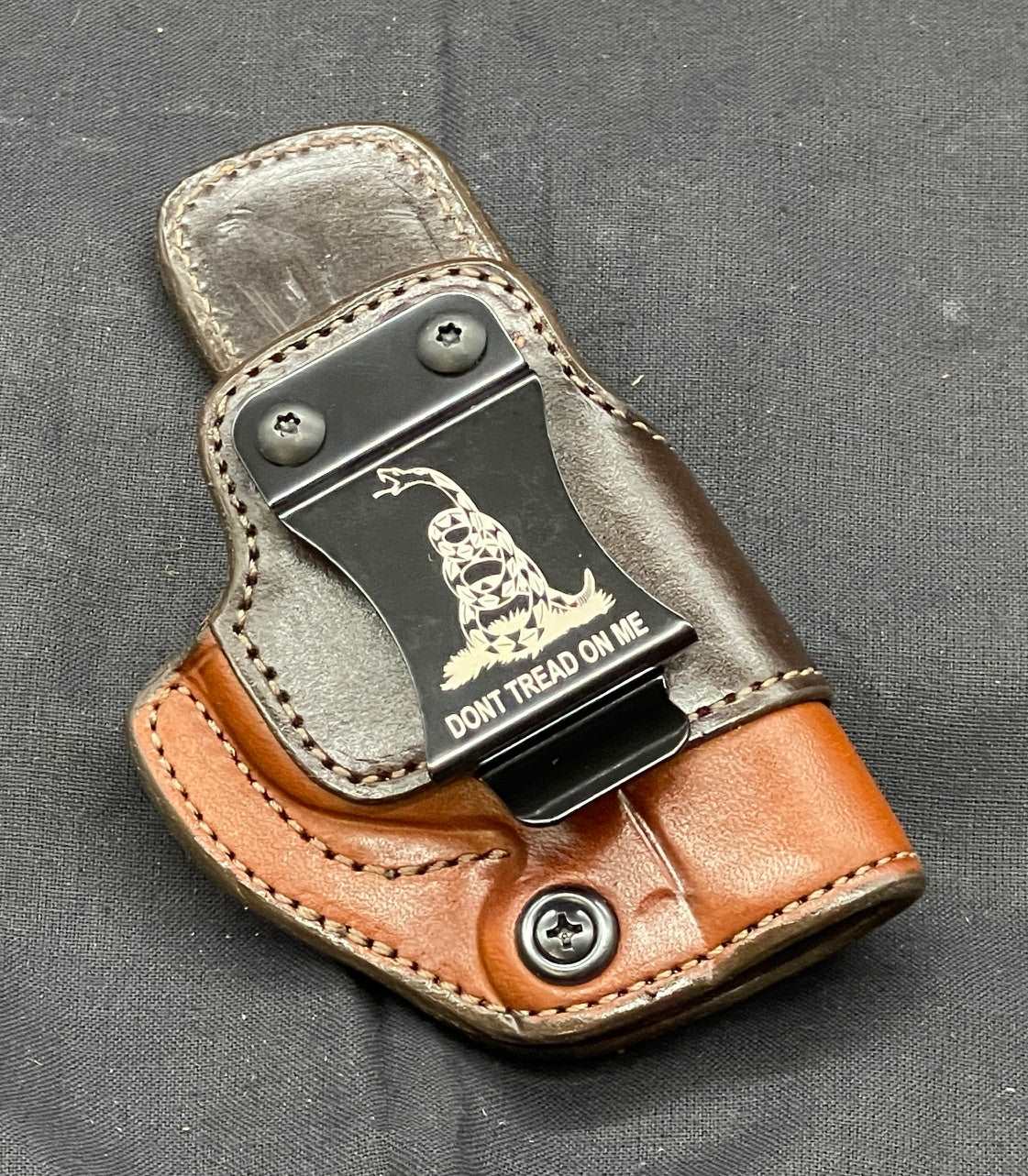 *In Stock* RH Side/LH SOB IWB for Kimber 380 in Golden Brown w/Chocolate w/Metal Belt Clip "Don't Tread on Me" or "2A 1776"