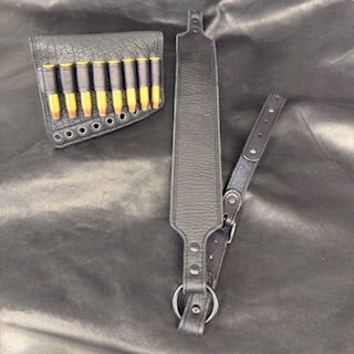 *In Stock* Leather Rifle Sling & RH Butt Cover Bundle – Black Bison Leather, .45-70 Ammo Loops