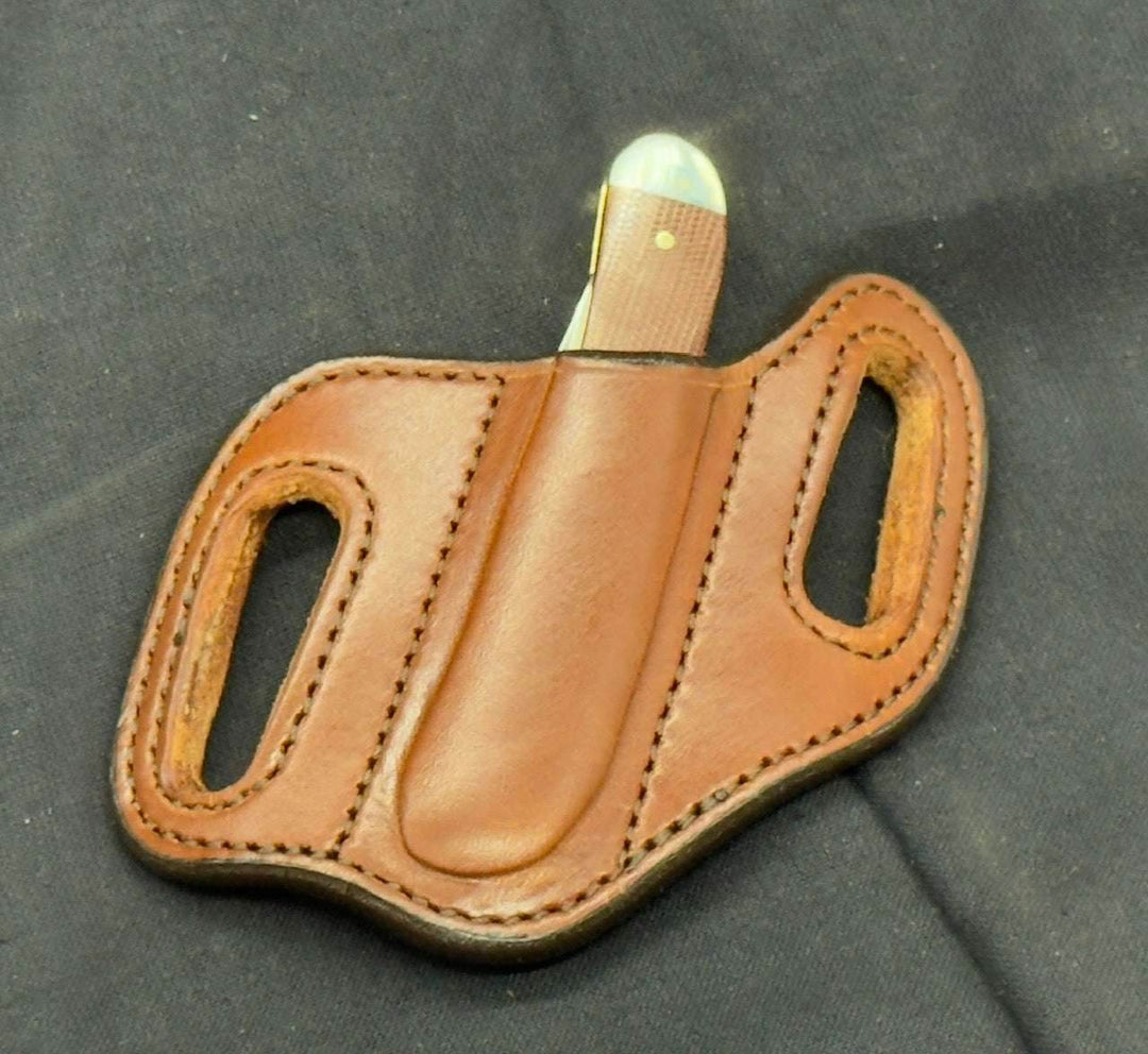 *In Stock* Slant Knife Sheath Slimline Single Blade Trapper 4 1/8"  Saddle Oil Finish w/Brown