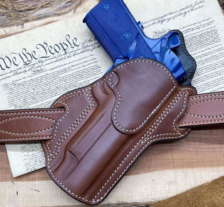 *In Stock* RH Texas Bodyguard Holster Springfield 1911 Operator 5" Rail Saddle Oil Finish w/Natural Stitching