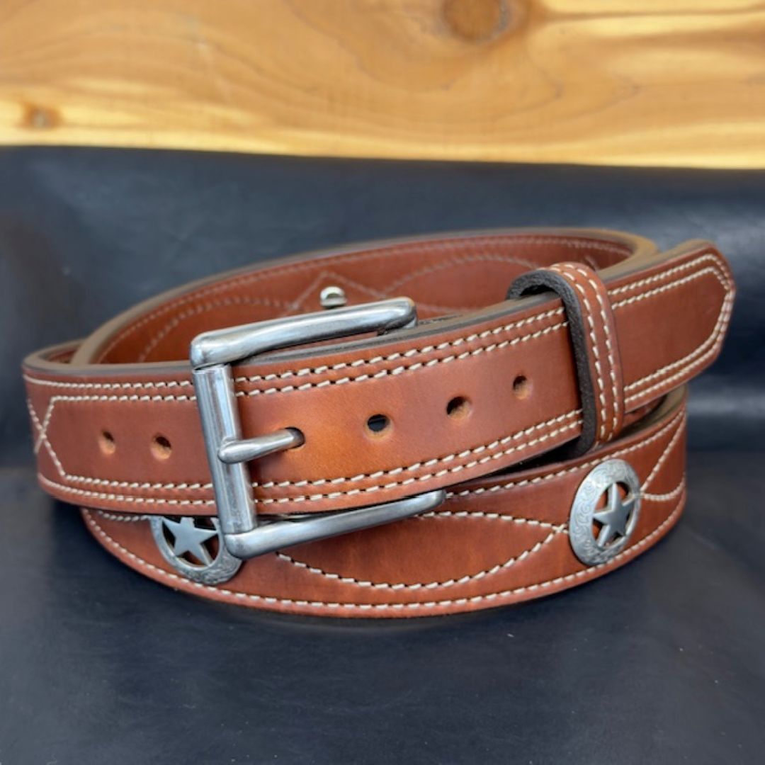 *In Stock* 1.5" Leather Carry Belt – Fancy Stitch & Texas Star Conchos (Size 44)