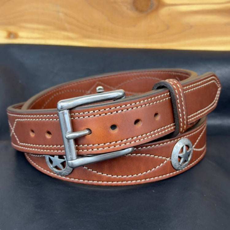 *In Stock* 1.5" Leather Carry Belt – Fancy Stitch & Texas Star Conchos (Size 44)