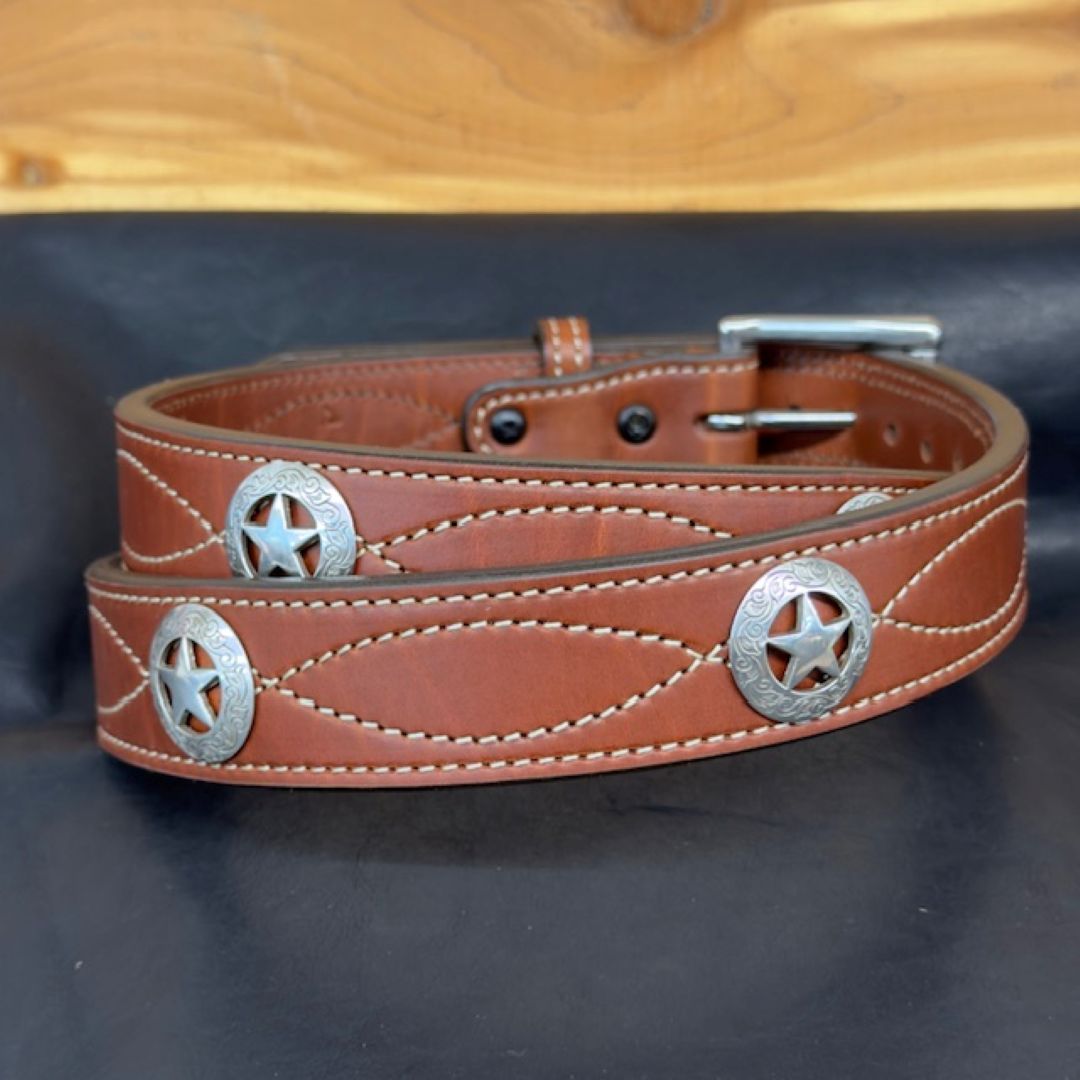 *In Stock* 1.5" Leather Carry Belt – Fancy Stitch & Texas Star Conchos (Size 44)