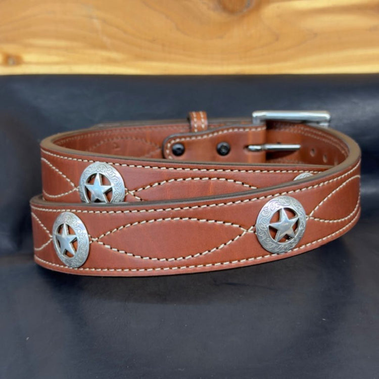 *In Stock* 1.5" Leather Carry Belt – Fancy Stitch & Texas Star Conchos (Size 44)
