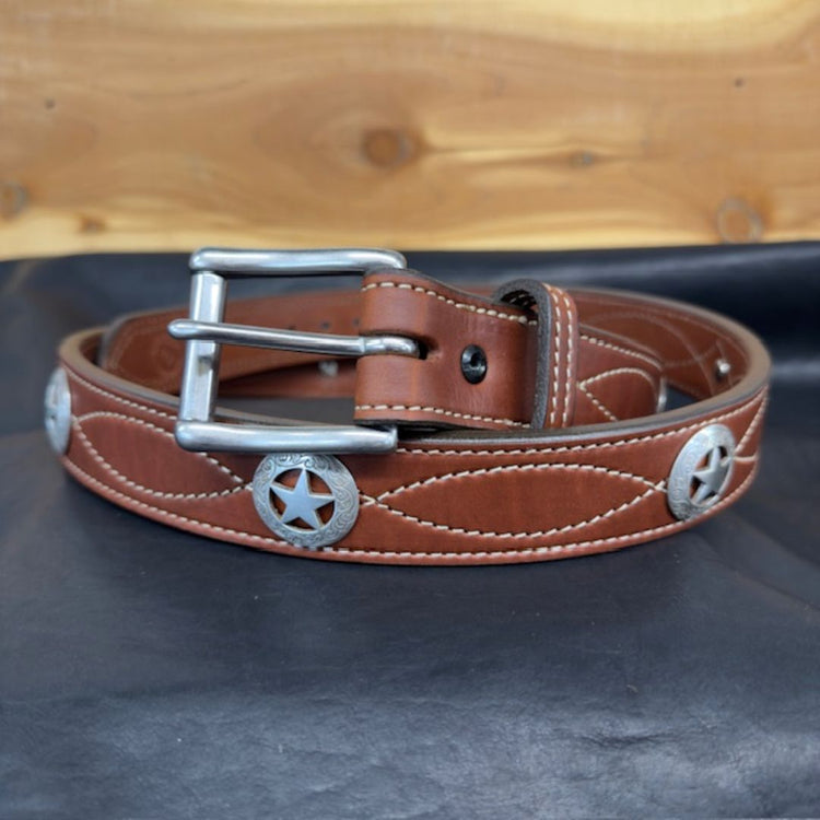 *In Stock* 1.5" Leather Carry Belt – Fancy Stitch & Texas Star Conchos (Size 44)