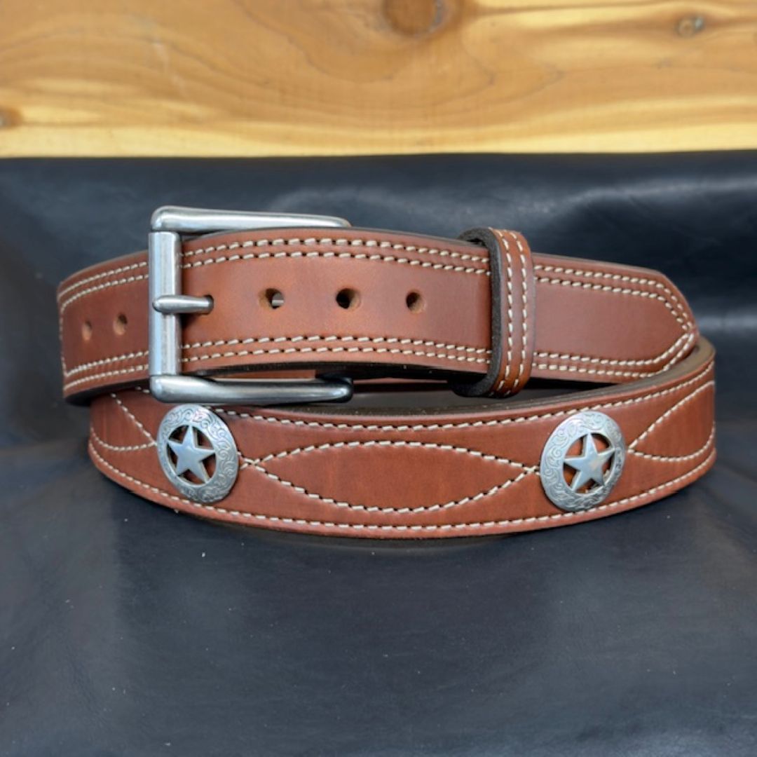 *In Stock* 1.5" Leather Carry Belt – Fancy Stitch & Texas Star Conchos (Size 44)