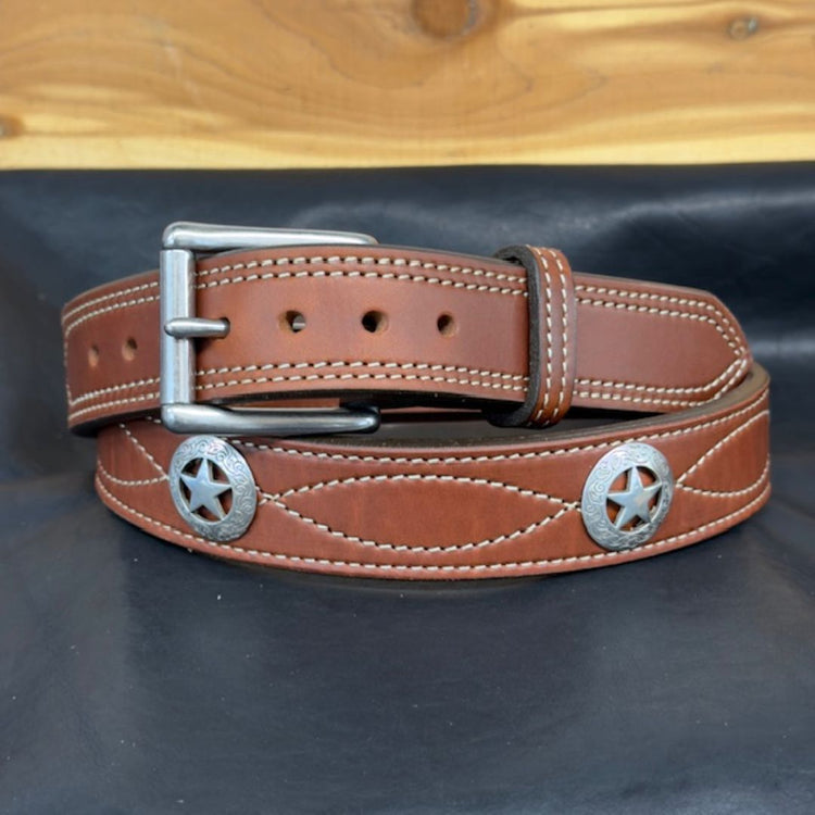 *In Stock* 1.5" Leather Carry Belt – Fancy Stitch & Texas Star Conchos (Size 44)