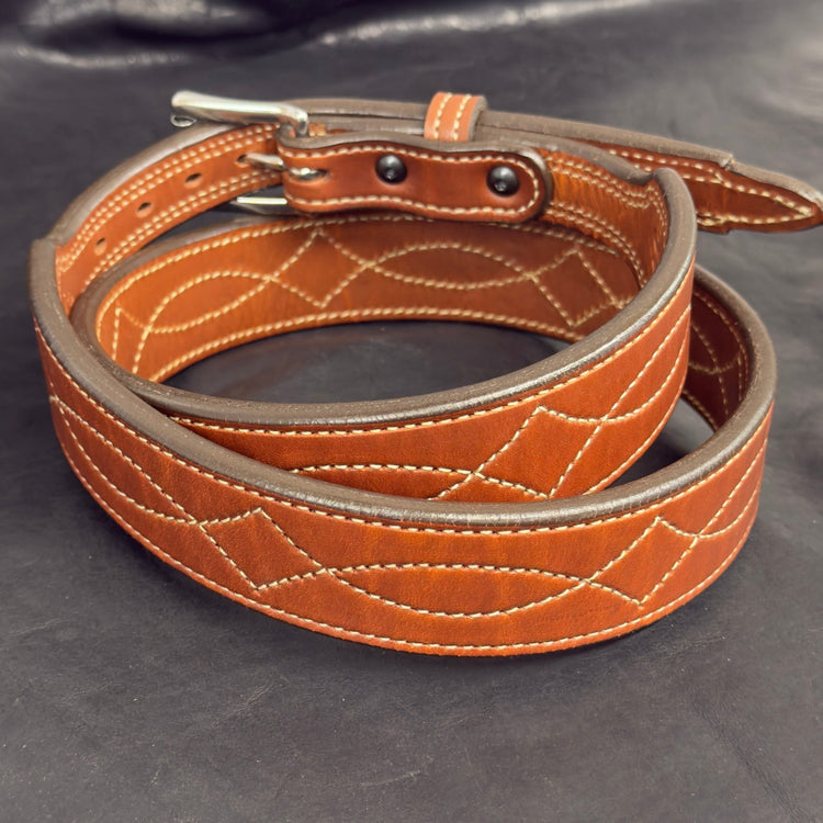 *In Stock* 1.5" Tapered to 1" .25 Thick Fancy Stitch Carry Belt Saddle Oil Finish Size 40 - Busted B Leather