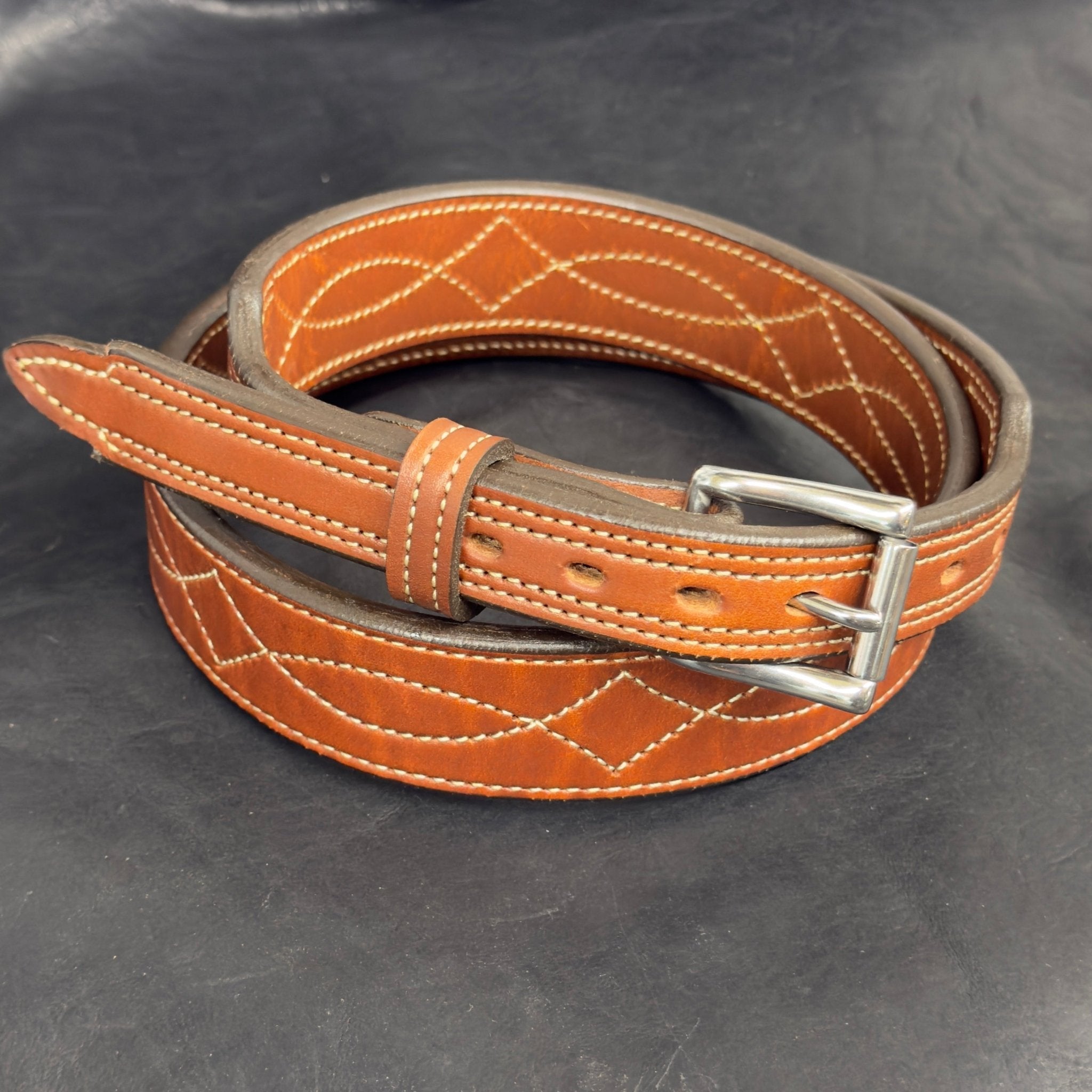 *In Stock* 1.5" Tapered to 1" .25 Thick Fancy Stitch Carry Belt Saddle Oil Finish Size 40 - Busted B Leather
