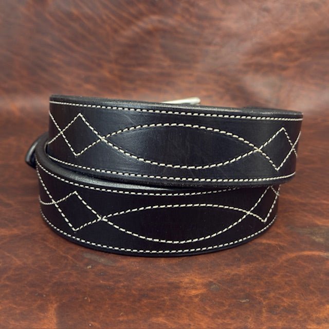 *In Stock* 1.75" Tapered to 1.5" .25 Thick Fancy Stitch Carry Belt Black w/Silver Size 43 - Busted B Leather