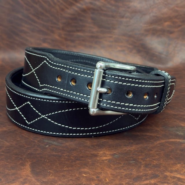 *In Stock* 1.75" Tapered to 1.5" .25 Thick Fancy Stitch Carry Belt Black w/Silver Size 43 - Busted B Leather
