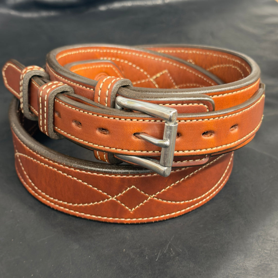 *In Stock* 1.75" Tapered to 1.5" Ranger Belt Fancy Stitch Saddle Oil Finish Size 42 - Busted B Leather