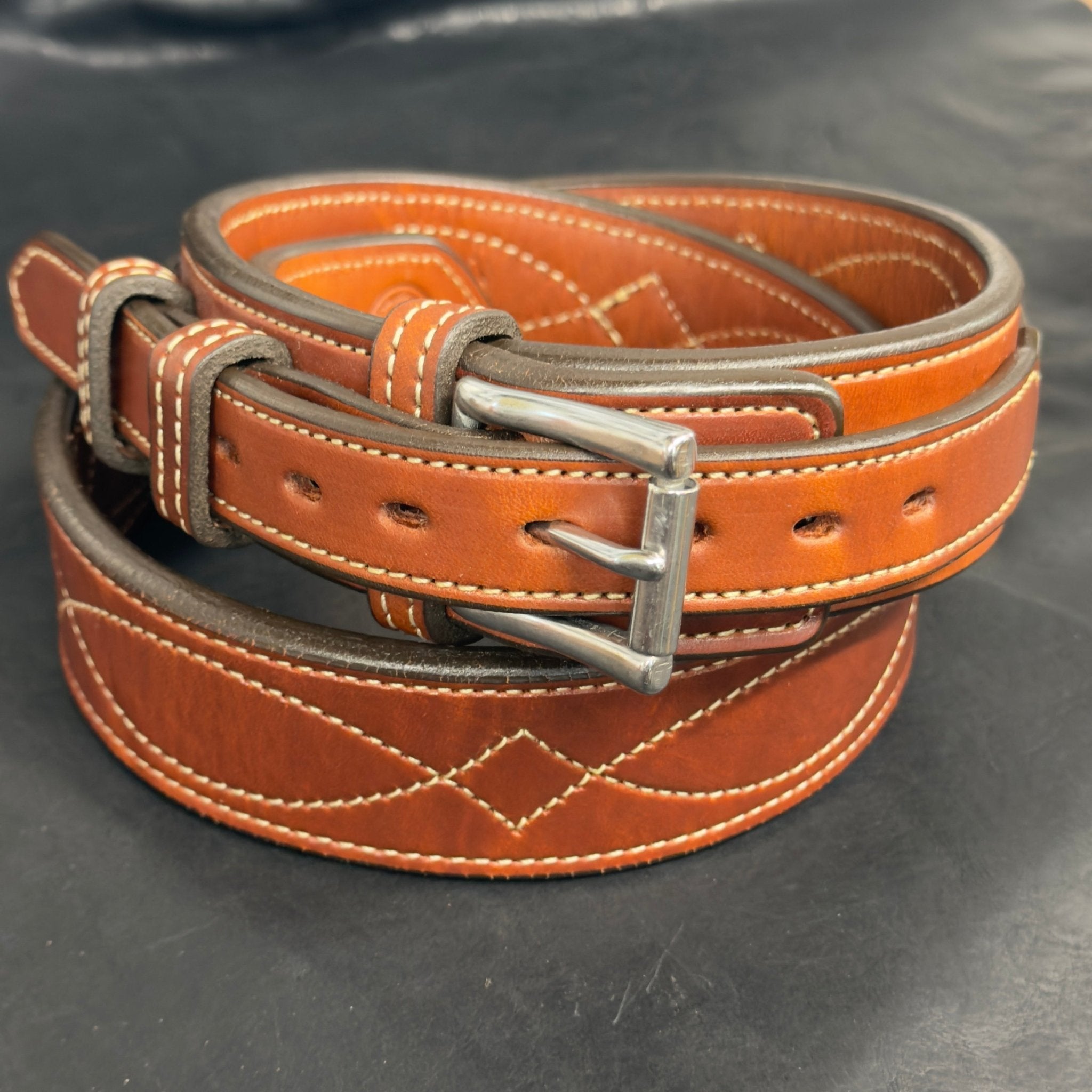 *In Stock* 1.75" Tapered to 1.5" Ranger Belt Fancy Stitch Saddle Oil Finish Size 42 - Busted B Leather