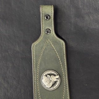 *In Stock* Big Game Rifle Sling in Genuine Weathered Hunter Green Water Buffalo .45-70 Govt & .308 Brown Stitch - Howling Wolf Concho - .45-70 Govt Ammo Loops